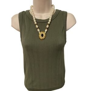 Kenneth Jay Lane 90's Vintage Faux Pearl Crystal‎ Gold Flower Pendant Necklace